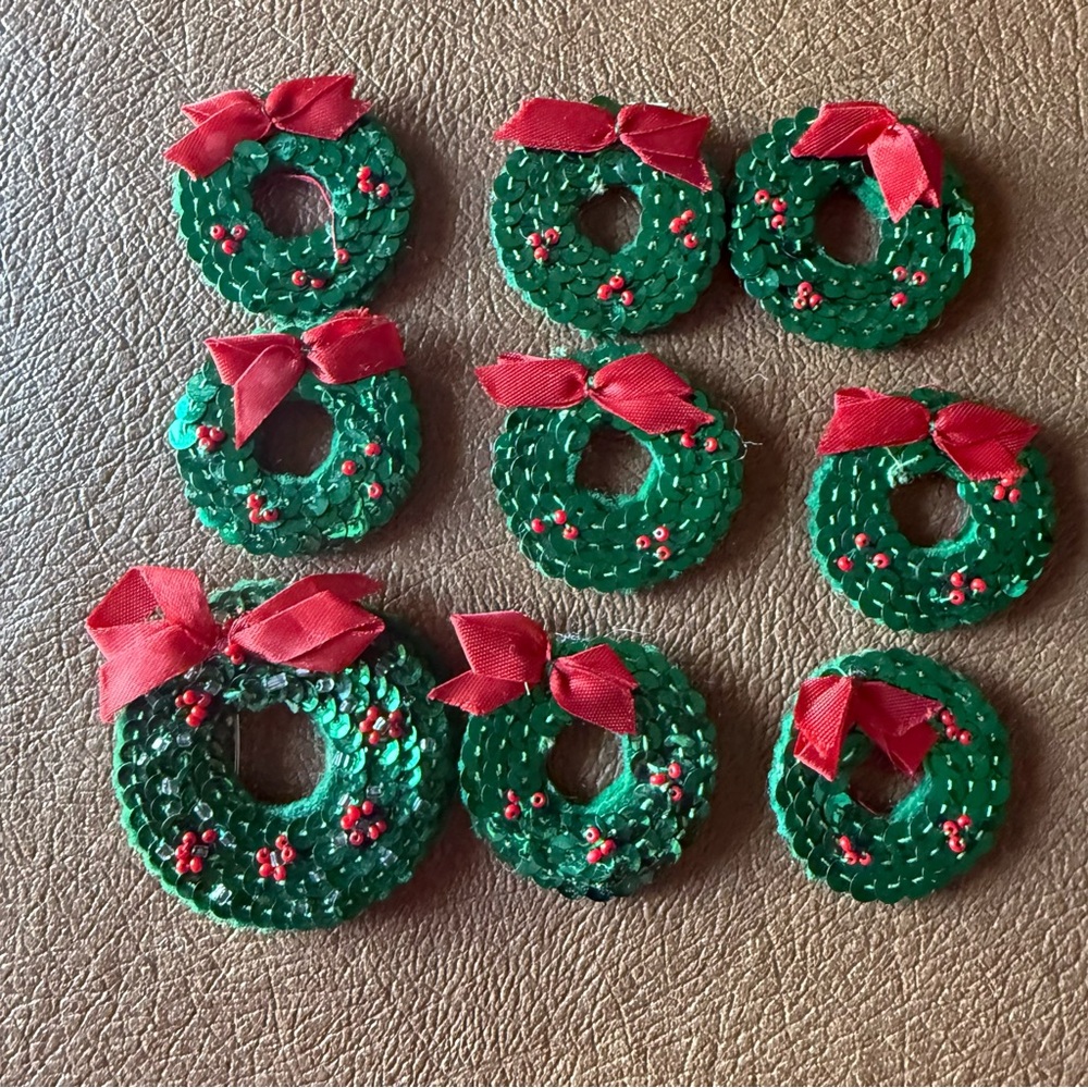 Vintage Sequin Wreaths Beaded Pin Ornaments Broach Handmade Lot Set 9 Christmas